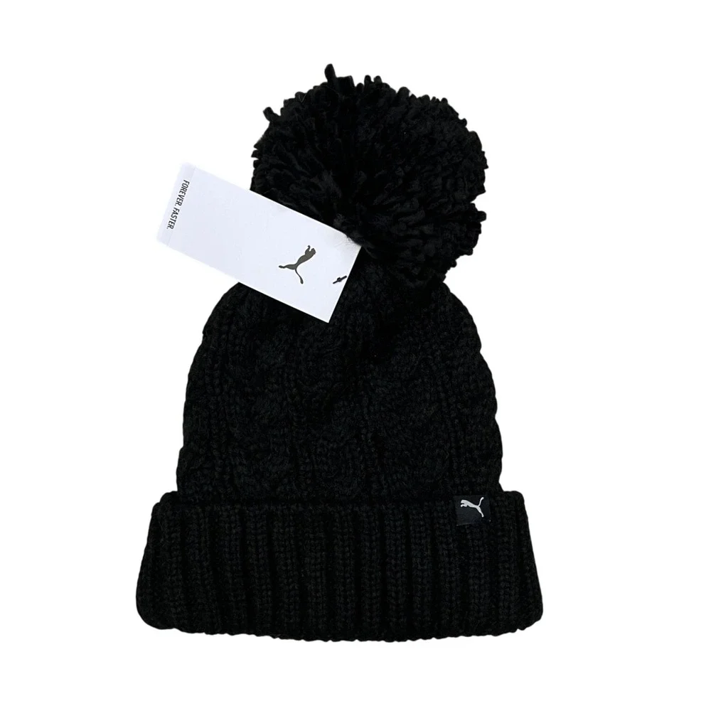 Puma Black Cable Knit Pom Beanie Hat Unisex Winter Cap OS 024038-01